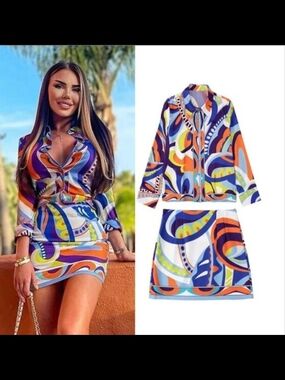 Zara Colorful Abstract Print Two-Piece Skirt Set